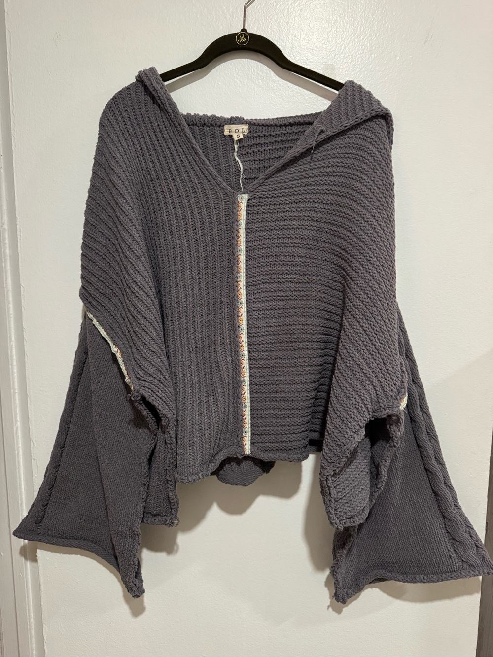 POL Hooded Ribbed Poncho Sweater - Charcoal Gray